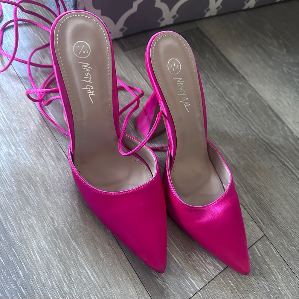 Nasty Gal Satin Strappy Pink Mules Size 40